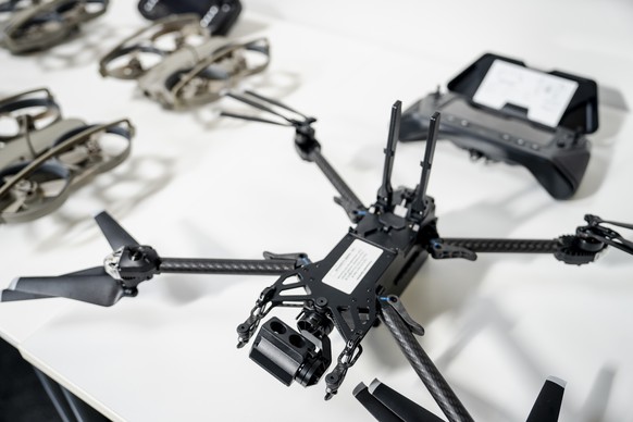 epa11994946 Drones are on display at a press conference of the Danish defense minister and Denmark&#039;s deputy chief of defense on the launch of the drone center at HCA Airport in Odense, Denmark, 2 ...