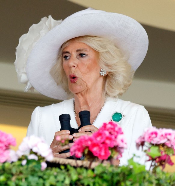 ASCOT, UNITED KINGDOM - JUNE 20: (EMBARGOED FOR PUBLICATION IN UK NEWSPAPERS UNTIL 24 HOURS AFTER CREATE DATE AND TIME) King Charles III and Queen Camilla watch, from the Royal Box, their horse &#039; ...