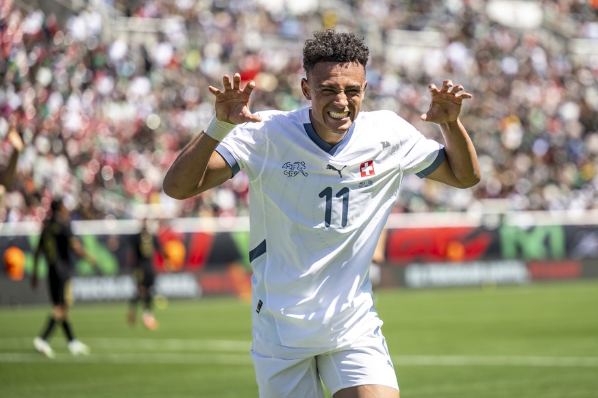 Switzerland&#039;s Dan Ndoye celebrates after scoring the 1:3 goal during a Friendly soccer match between Mexico and Switzerland at the Rice-Eccles Stadium, in Salt Lake City, Utah, United States of A ...