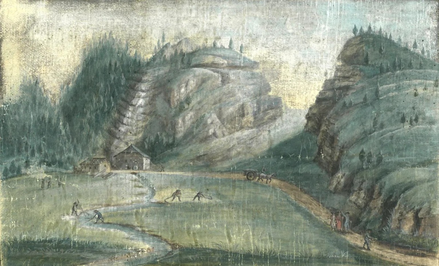 Le site où furent implantés les moulins était à l’origine une vaste zone marécageuse. Gravure de 1803.