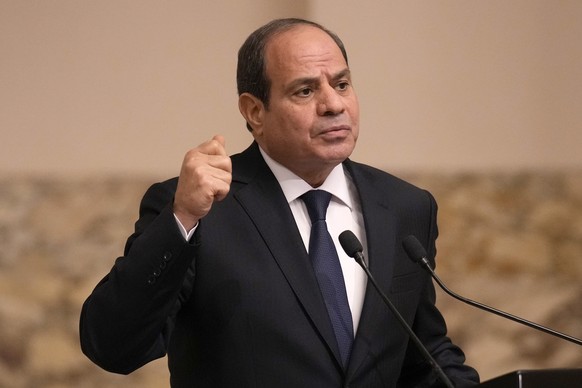 Egyptian President Abdel Fattah el-Sissi gestures during a joint press conference with French President Emmanuel Macron in Cairo, Egypt, Wednesday, Oct. 25, 2023. French President Emmanuel Macron was  ...