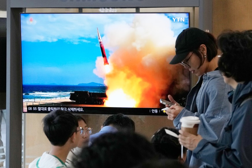 A TV screen shows a file image of a North Korean missile launch during a news program at Seoul Railway Station in Seoul, South Korea, Saturday, Oct. 3, 2026. (AP Photo/Ahn Young-joon)
Koreas Tension