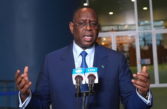 NEW YORK, UNITED NATIONS - APRIL 22: Macky Sall, a former Senegalese president, speaks to the UN press after his interactive dialogues with delegates for the next UN Secretary-General at the UN Headqu ...