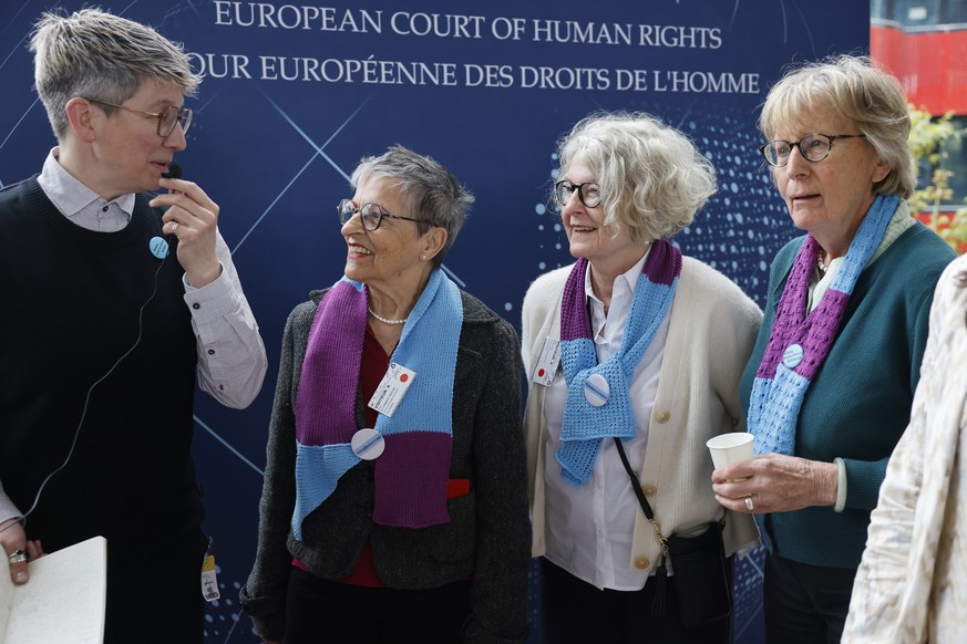Swiss members of Senior Women for Climate gather after the European Court of Human Rights&#039; ruling, Tuesday, April 9, 2024 in Strasbourg, eastern France. Europe&#039;s highest human rights court r ...