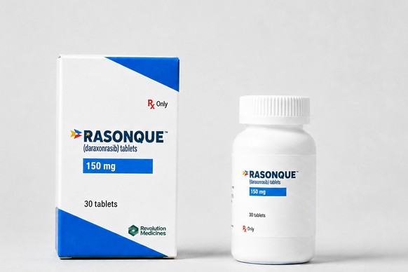 This photo provided by Revolution Medicines on Wednesday, Aug. 26, 2026 shows packaging for the new pancreatic cancer drug, daraxonrasib, under the brand name Rasonque. (Revolution Medicines via AP)
P ...