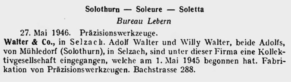 Annonce de la création de la société Walter &amp; Co. dans la Feuille officielle suisse du commerce en mai 1946.
https://www.e-periodica.ch/digbib/view?pid=sha-001%3A1946%3A64%3A%3A1796