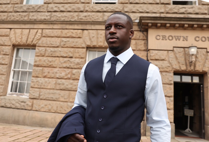 epa10122617 Manchester City and French soccer player Benjamin Mendy leaves Chester Crown Court in Chester, Britain, 15 August 2022. Mendy is facing trial for eight counts of rape, one count of sexual  ...