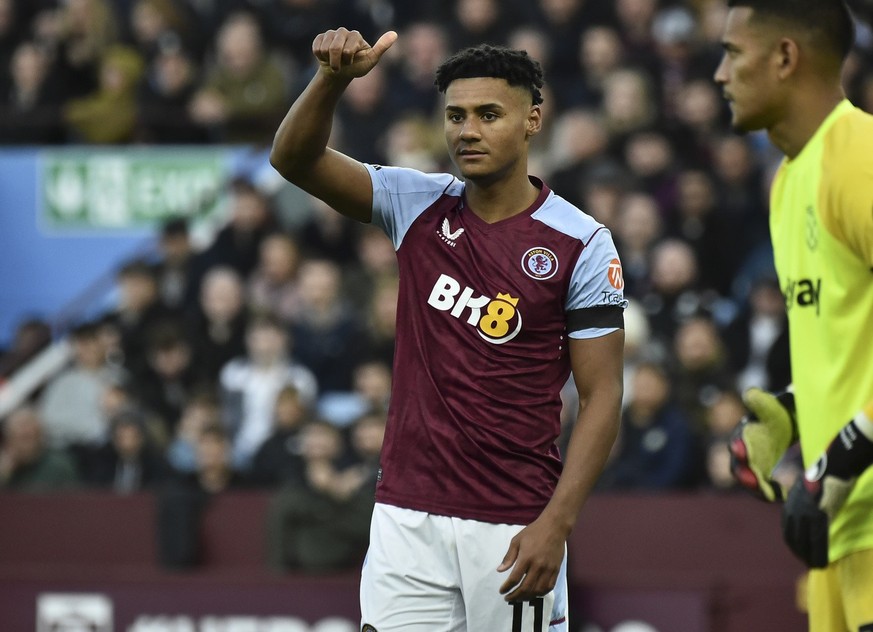 Aston Villa&#039;s Ollie Watkins reacts during the English Premier League soccer match between Aston Villa and West Ham United at Villa Park in Birmingham, England, Sunday, Oct. 22, 2023. (AP Photo/Ru ...