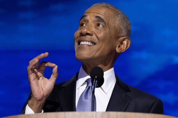 epa11557507 Former US President Barack Obama delivers remarks during the second night of the Democratic National Convention (DNC) at the United Center in Chicago, Illinois, USA, 20 August 2024. The 20 ...