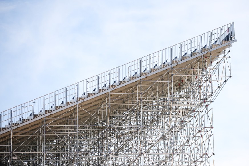 Temporary bleacher seating is installed at BMO Field in Toronto, Canada on March 24, 2026, ahead of the upcoming FIFA World Cup. BMO Field will host matches during the 2026 FIFA World Cup. (Photo by C ...