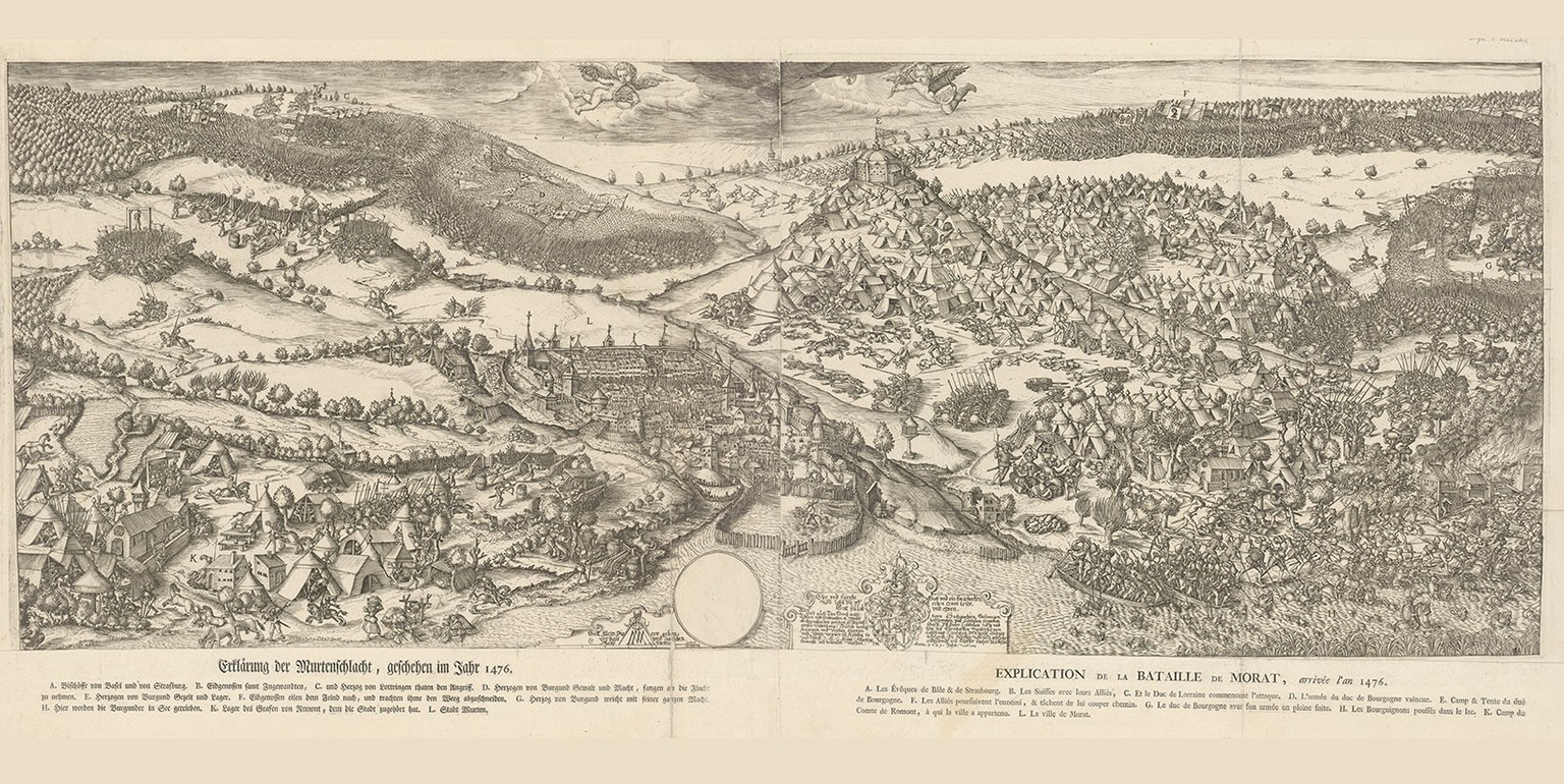 Le champ de bataille à Morat, vu du lac. Gravure sur cuivre de Martin Martini, vers 1600.
https://www.e-rara.ch/zuz/content/zoom/14274682