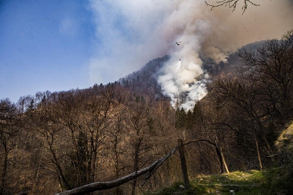 Un hélicoptère lors de travaux d'extinction d'incendie de forêt au-dessus de Verdasio dans la vallée des Centovalli, dans le canton du Tessin, le 25 mars 2022. 