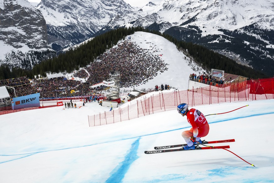 epa12655362 Marco Odermatt of Switzerland in action during the men's Downhill race at the Alpine Skiing FIS Ski World Cup, in Wengen, Switzerland, 17 January 2026. EPA/JEAN-CHRISTOPHE BOTT