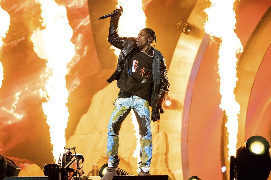 Travis Scott performs at Day 1 of the Astroworld Music Festival at NRG Park on Friday, Nov. 5, 2021, in Houston. (Photo by Amy Harris/Invision/AP)
Travis Scott