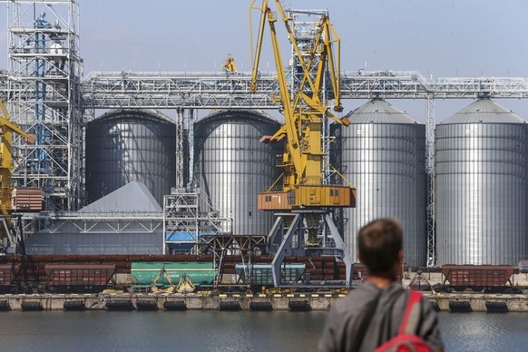 epa10128907 A general view at grain silos while UN Secretary-General Guterres (not pictured) visits to the Odesa grain port, in Odesa, Ukraine, 19 August 2022. Guterres arrived in Ukraine the previous ...