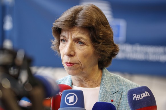 epa10023515 Minister for Europe and Foreign Affairs of France Catherine Colonna speaks to the press as she arrives for the Foreign Affairs Council in Luxembourg, 20 June 2022. The Council will discuss ...