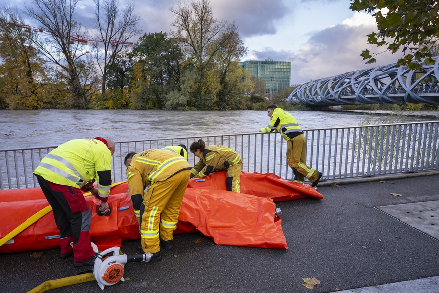 Des pompiers du SIS (Services Incendie et Secours) et ainsi que des pompiers volontaire installent des barrages mobiles le long de l&#039;Arve suite a la montee des eaux de la riviere, ce mercredi 15  ...