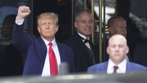 Former President Donald Trump leaves Trump Tower in New York on Tuesday, April 4, 2023. Trump will surrender in Manhattan on Tuesday to face criminal charges stemming from 2016 hush money payments. (A ...