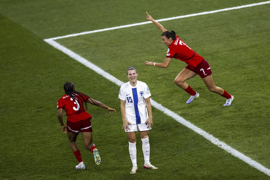 Switzerland&#039;s Riola Xhemaili, right, celebrates after scoring her side&#039;s goal during the UEFA Women&#039;s EURO 2025, group A, soccer match between Finland and Switzerland in Geneva, Switzer ...