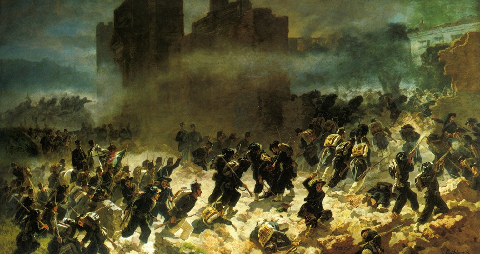 La conquête de Rome en 1870. Tableau de Carlo Ademollo, 1880.
https://commons.wikimedia.org/wiki/File:Breccia_di_Porta_Pia_Ademollo.jpg