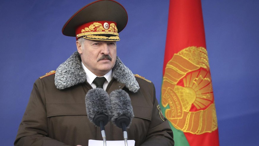Belarusian President Alexander Lukashenko delivers his speech as he visits the Belarusian Interior Ministry special forces base in Minsk, Belarus, Wednesday, Dec. 30, 2020. (Maxim Guchek/BelTA Pool Ph ...