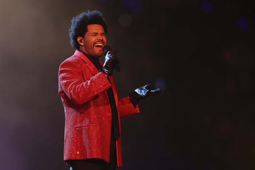 The Weeknd performs during halftime of the NFL Super Bowl 55 football game between the Kansas City Chiefs and Tampa Bay Buccaneers, Sunday, Feb. 7, 2021, in Tampa, Fla. (AP Photo/Mark LoMoglio)