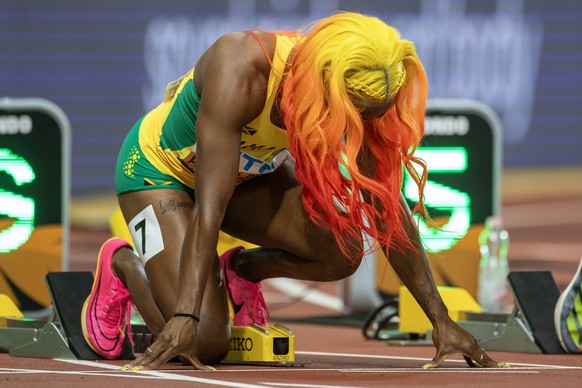 BUDAPEST, HUNGARY: August 21: Shelly-Ann Fraser-Pryce of Jamaica preparing for the Women&#039;s 100m Semi-Final heat one during the World Athletics Championships, at the National Athletics Centre on A ...