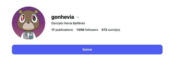 Ce compte compte un peu plus de 1000 abonnés et sa photo de profil est l'ours animé de Takashi Murakami, tiré de la pochette de l'album Graduation de Kanye West.