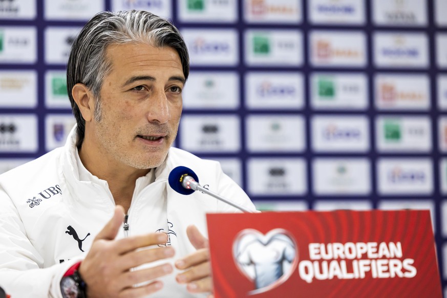 Switzerland&#039;s head coach Murat Yakin speaks to the media during a press conference of Switzerland team, one day before the FIFA 2026 World Cup Group B qualifying soccer match against Kosovo, at t ...