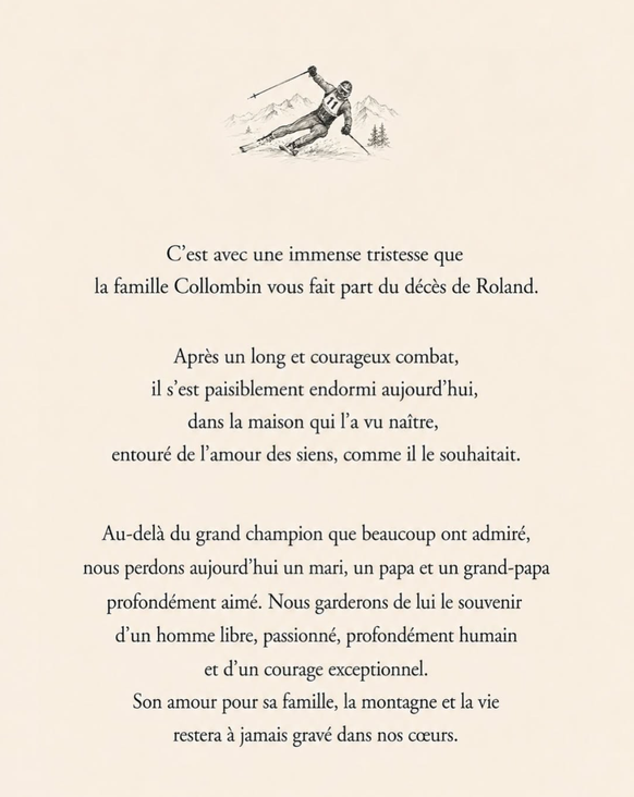 Le communiqué diffusé par la fille de Roland Collombin sur son compte Instagram.