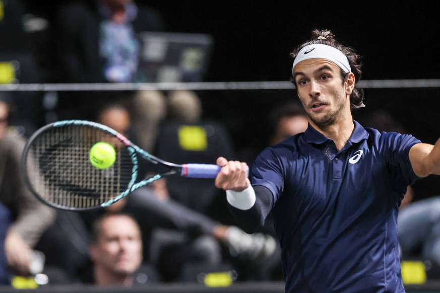 epa12491133 Lorenzo Musetti of Italy in action during his second round match against Lorenzo Sonego of Italy at the ATP Paris Masters tennis tournament in Nanterre, outside Paris, France, 29 October 2 ...