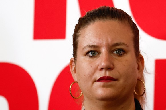 epa11409566 French member of Parliament for La France Insoumise (LFI) party Mathilde Panot attends a press conference to announce the program of the newly elected pact Nouveau Front Populaire &#039;li ...