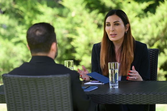 In this photo provided by the Ukrainian Presidential Press Office, Laura Loomer, right, interviews Ukrainian President Volodymyr Zelenskyy Thursday July 23, 2026, in Kyiv, Ukraine. (Ukrainian Presiden ...