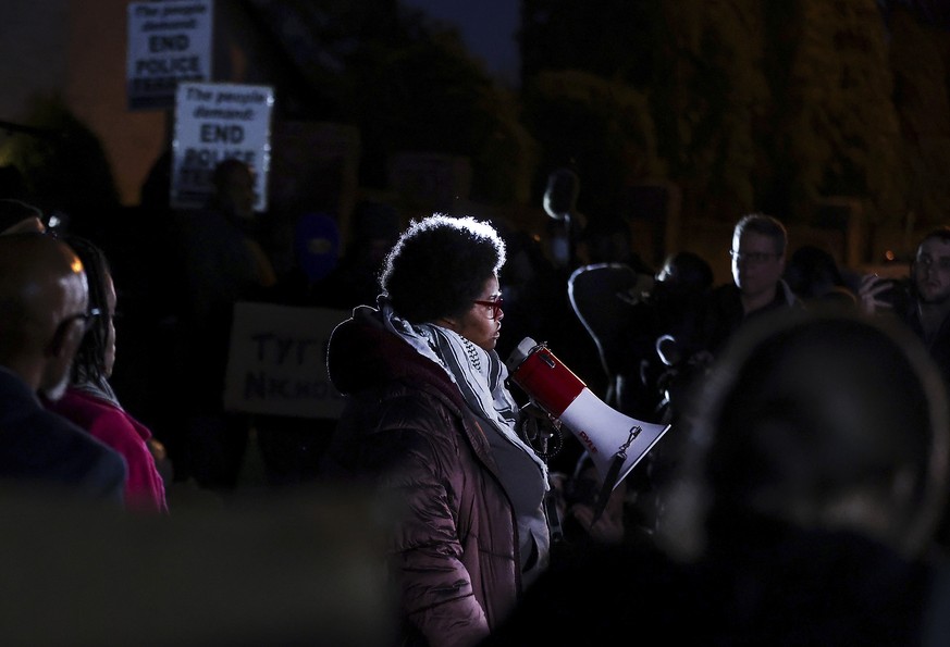 Protesters make plans in Martyr Park in Memphis, Tenn., before heading out on a march to demand justice for Tyre Nichols, Friday, Jan. 27, 2023. Authorities released video footage Friday showing Nicho ...