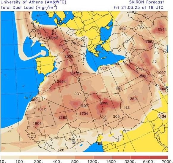Taux de poussière sur l&#039;Afrique du Nord et l&#039;Europe le vendredi 21 mars.