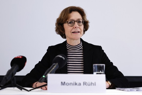 Monika Ruehl, Vorsitzende der Geschaeftsleitung economiesuisse, spricht waehrend der Jahresmedienkonferenz von economiesuisse, am Donnerstag, 2. Februar 2023, in Bern. (KEYSTONE/Peter Klaunzer)