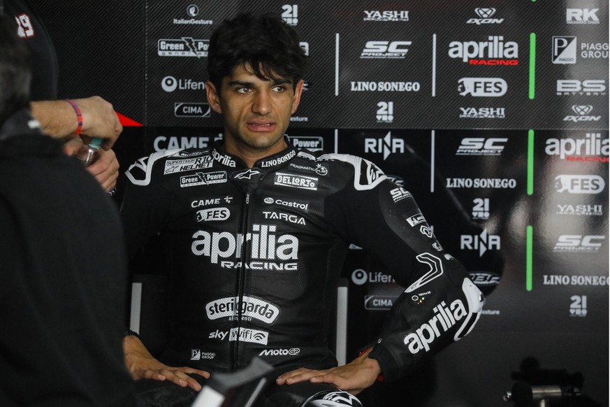 epa11875754 Spanish MotoGP rider Jorge Martin of Aprilia Racing reacts in his team&#039;s garage during Sepang MotoGP Official Test day in Petronas Sepang International Circuit, Malaysia, 05 February  ...