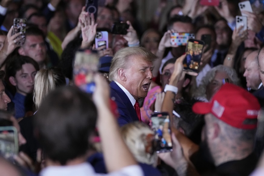 Former President Donald Trump arrives to speak at his Mar-a-Lago estate hours after being arraigned in New York City, Tuesday, April 4, 2023, in Palm Beach, Fla. (AP Photo/Rebecca Blackwell)