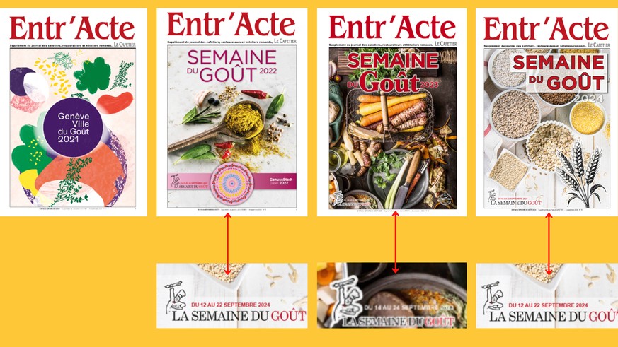 Si l’édition 2021, lorsque Genève était Ville du Goût, n’arbore pas le logo de la Semaine du Goût, les suivantes l’ont affiché, de 2022 à 2024. Accompagné d’une police d’écriture qui n’est pas celle u ...