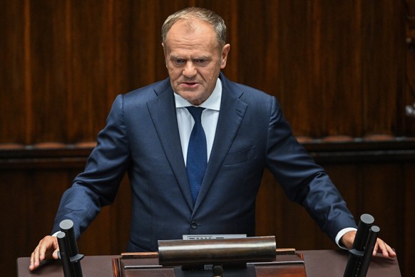 epa12366718 Polish Prime Minister Donald Tusk speaks during a session of the Polish Parliament Sejm in Warsaw, Poland, 10 September 2025. Prime Minister Tusk presented information on the nighttime vio ...