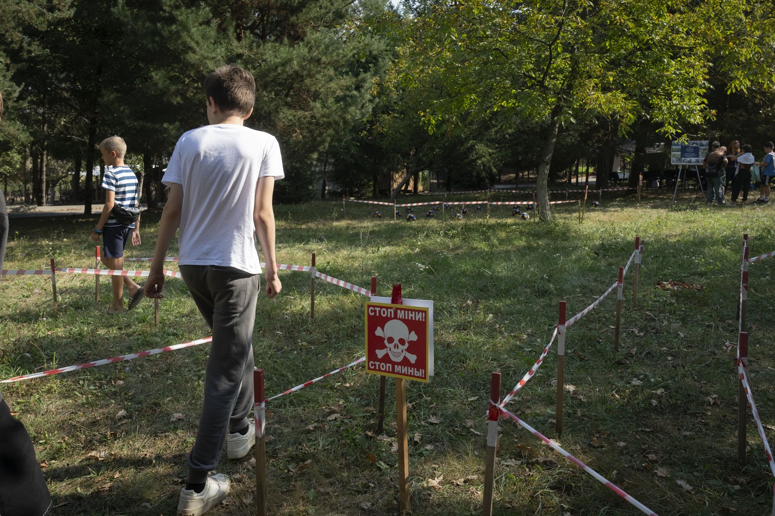 Children practice walking on a mine field training in the rehabilitation camp for children affected by war, organized by the Voices of Children charity foundation and financially supported by the Olen ...