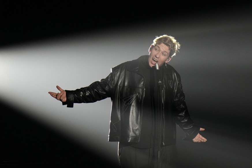 Marius Bear from Switzerland singing Boys Do Cry performs during rehearsals at the Eurovision Song Contest in Turin, Italy, Monday, May 9, 2022. (AP Photo/Luca Bruno)