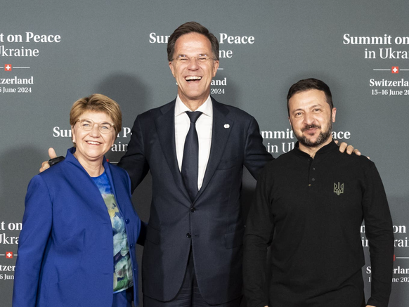 La présidente de la Confédération Viola Amherd, le secrétaire général de l’Otan Mark Rutte et le président ukrainien Volodymyr Zelensky, ici réunis lors de la conférence de Bürgenstock en juin 2024.