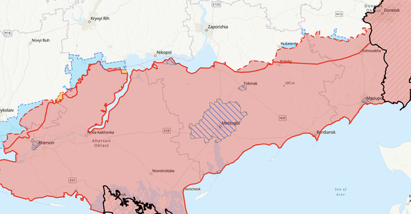 La ville de Melitopol est située loin derrière la ligne de front. Et pourtant, les Ukrainiens y réussissent des actes de résistance et de sabotage ukrainiens (dans la zone striée en bleu).