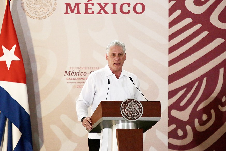 epa10462481 The president of Cuba Miguel Díaz-Canel, speaks during a diplomatic event in Campeche, Mexico, 11 February 2023. The president of Mexico, Andrés Manuel L