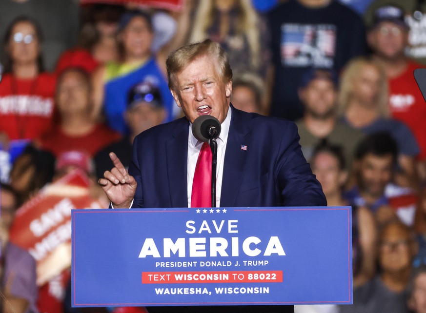 epa10108199 Former US President Donald J. Trump speaks at a Save America Rally in Waukesha, Wisconsin, USA, 05 August 2022. Trump was campaigning for Wisconsin Republican gubernatorial Tim Michaels, U ...