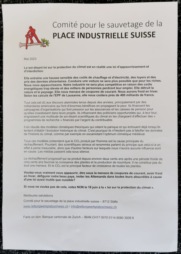 Cette lettre a été distribuée à large échelle dans les boîtes aux lettres suisses.