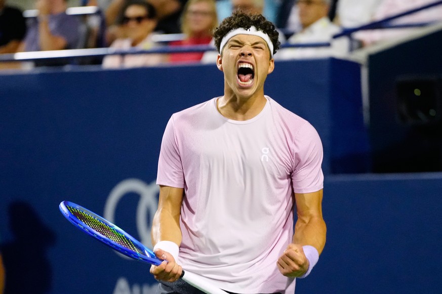 Ben Shelton, of the United States, celebrates after his win over Karen Khachanov, of Russia, in the final match at the National Bank Open men&#039;s tennis tournament in Toronto, Thursday, Aug. 7, 202 ...