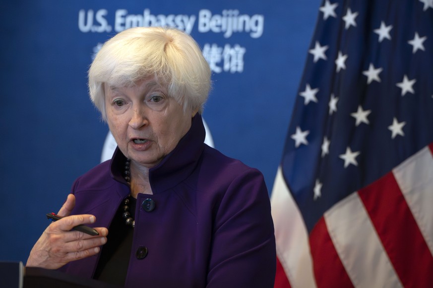 Treasury Secretary Janet Yellen speaks during a press conference at the U.S. Embassy in Beijing, China, Sunday, July 9, 2023. (AP Photo/Mark Schiefelbein)
Janet Yellen