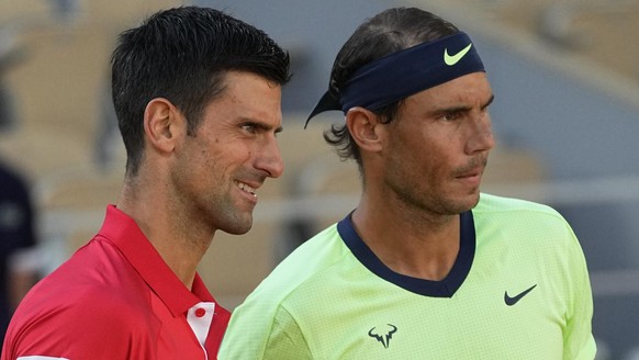 Serbia&#039;s Novak Djokovic and Spain&#039;s Rafael Nadal pose before their semifinal match of the French Open tennis tournament at the Roland Garros stadium Friday, June 11, 2021 in Paris. (AP Photo ...